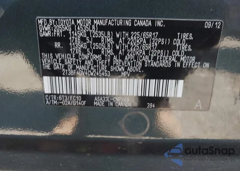 2012 Toyota Rav4 z USA, uszkodzony, nr VIN 2T3BF4DV4CW245453